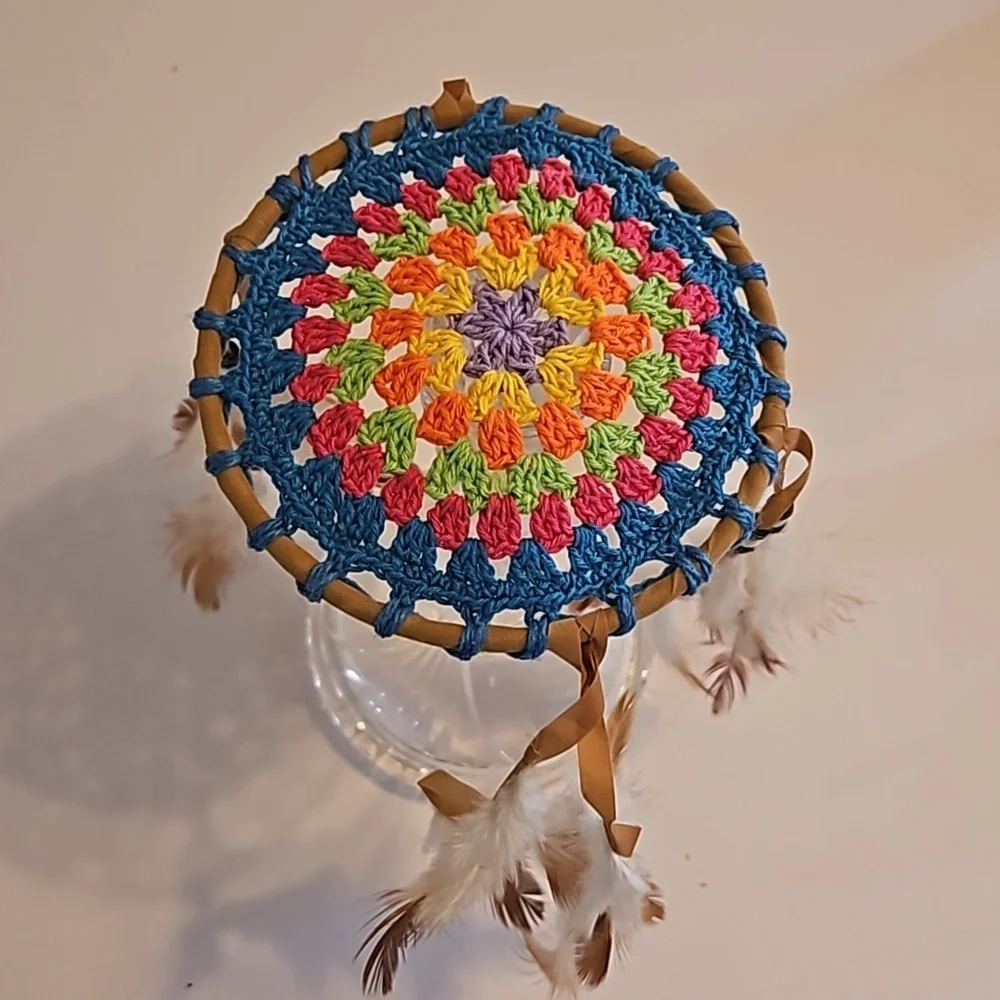 Hand Crafted crochet dreamcatcher multicolored floral eclectic textile decor